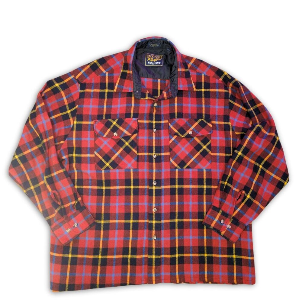 Vintage Backpacker Outdoors Mens Long Sleeve Flannel Shirt XL Red Black Yellow